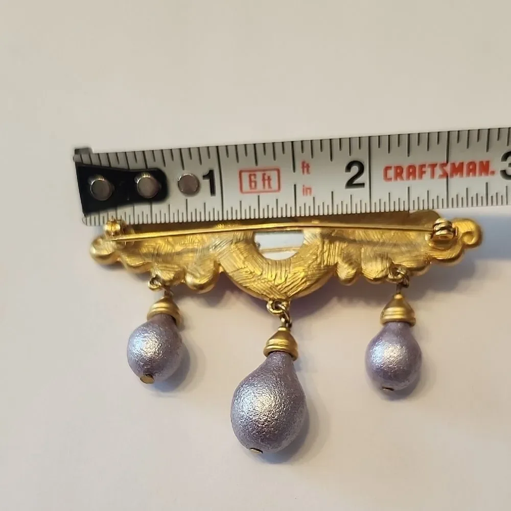 Matte Gold Tone Purple Lucite Faux Pearl Dangle Bar Brooch Designer Quality